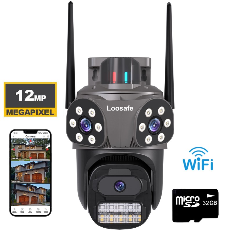 Camera de Supraveghere Tripla Wireless CCTV Loosafe® SecureSight Pro, 12MP, Exterior/Interior, Ultra HD, 5X zoom, Rotire, Leduri lumina, Functie WiFi, PTZ, Comunicare Bidirectionala, Senzor Miscare, Vedere Noaptea, Sirena, Negru